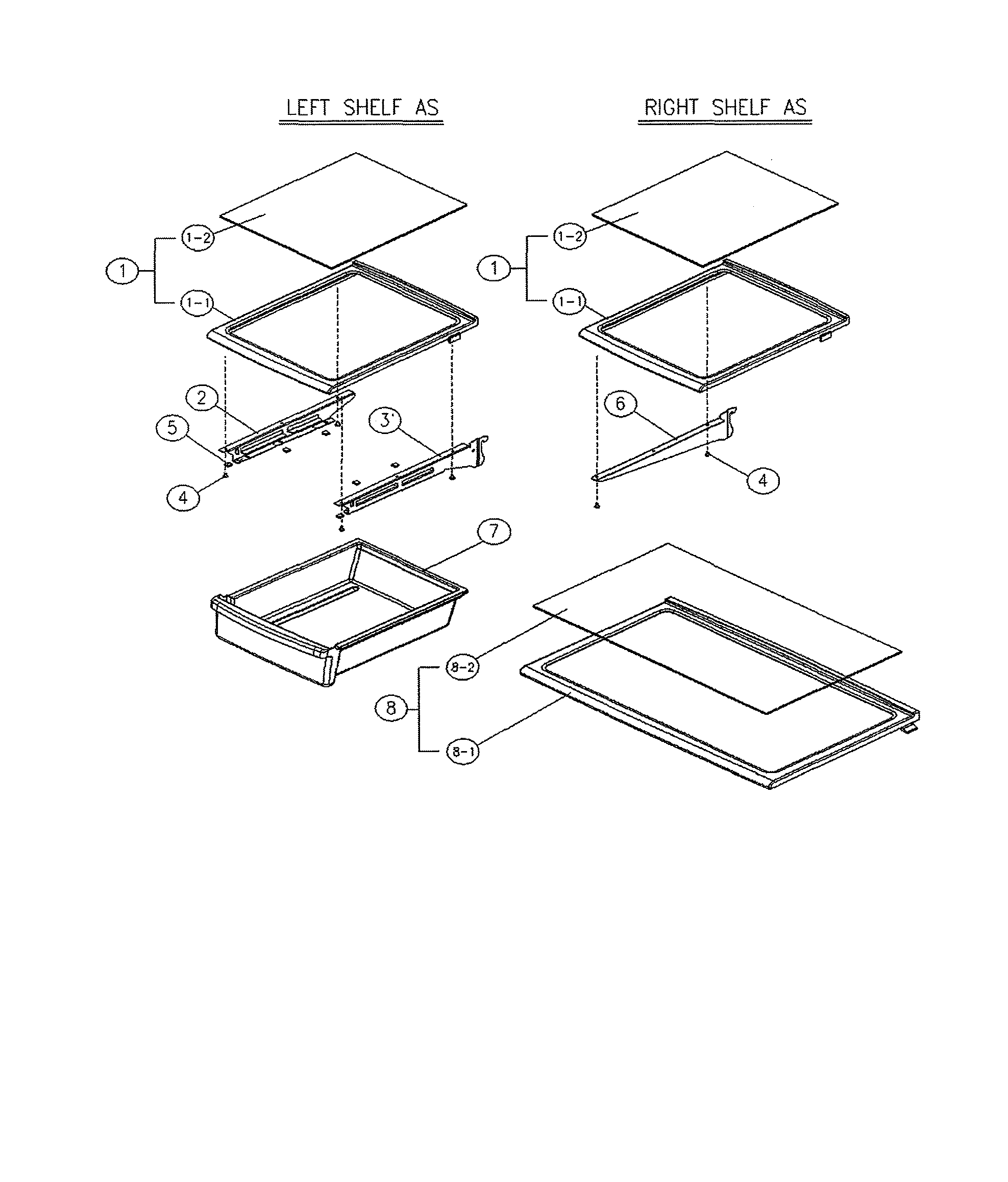 1full, 2split glass shelf