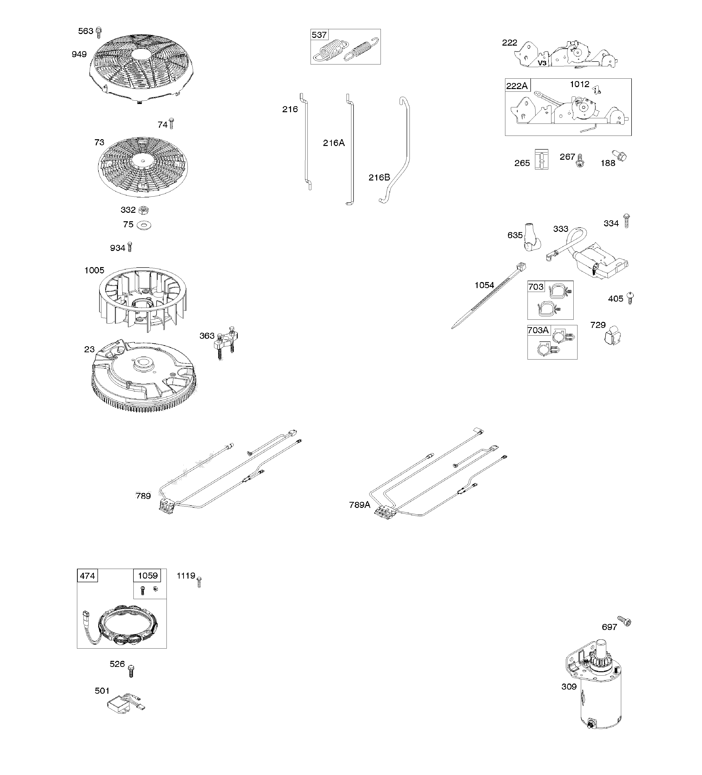 Flywheel/controls/wire harness/starter/alternator