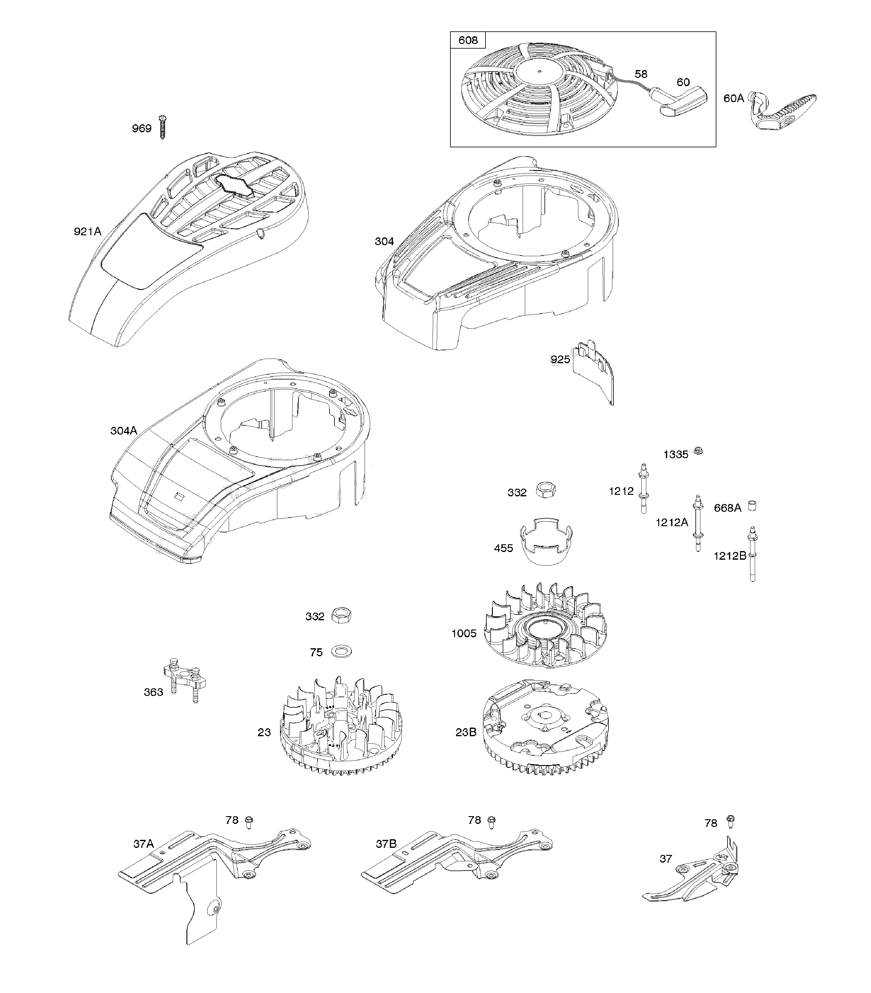 Blower housing/cover/guards/flywheel/rewind starter