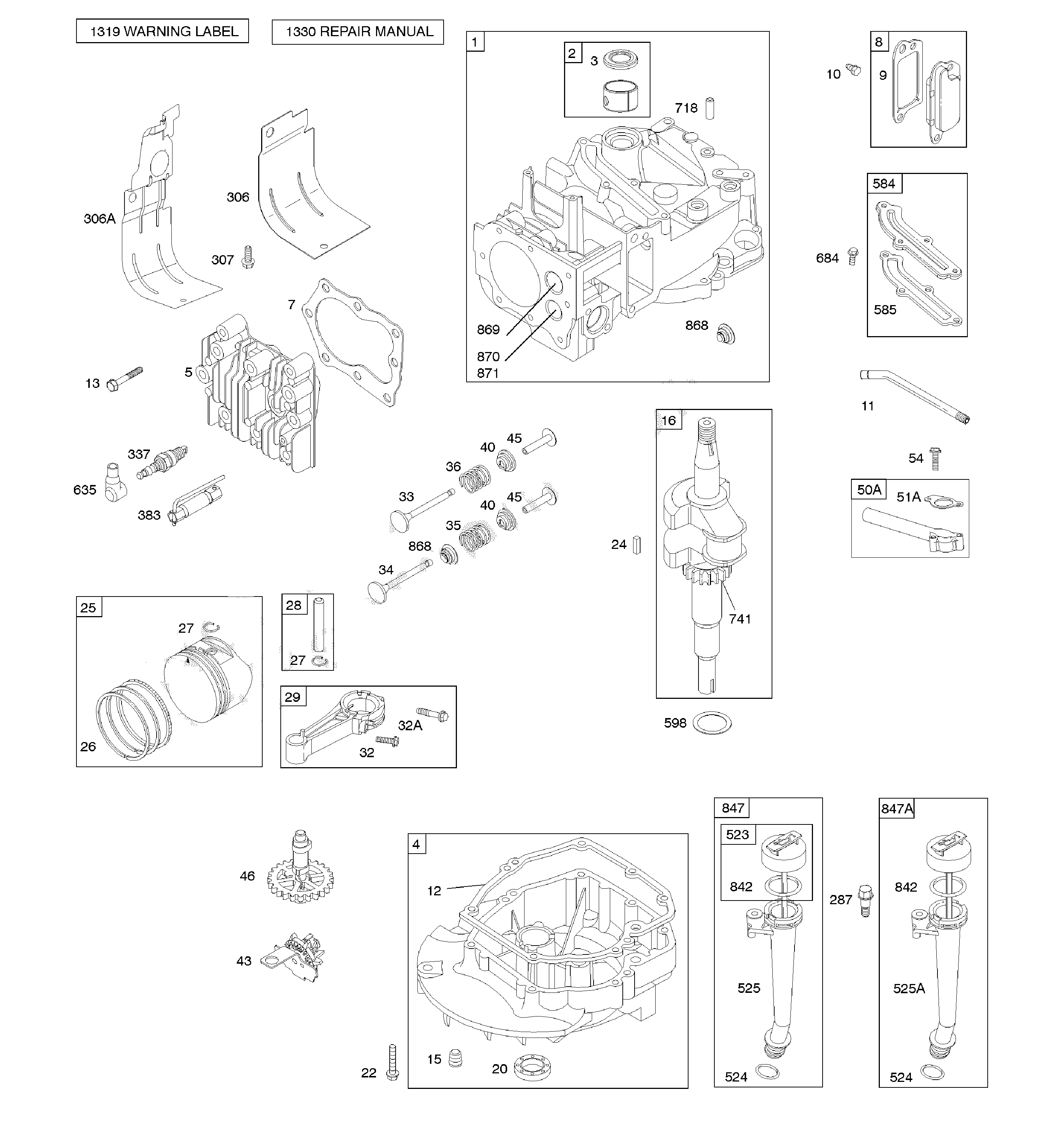 Camshaft/crankshaft/cylinder/sump/piston/valves