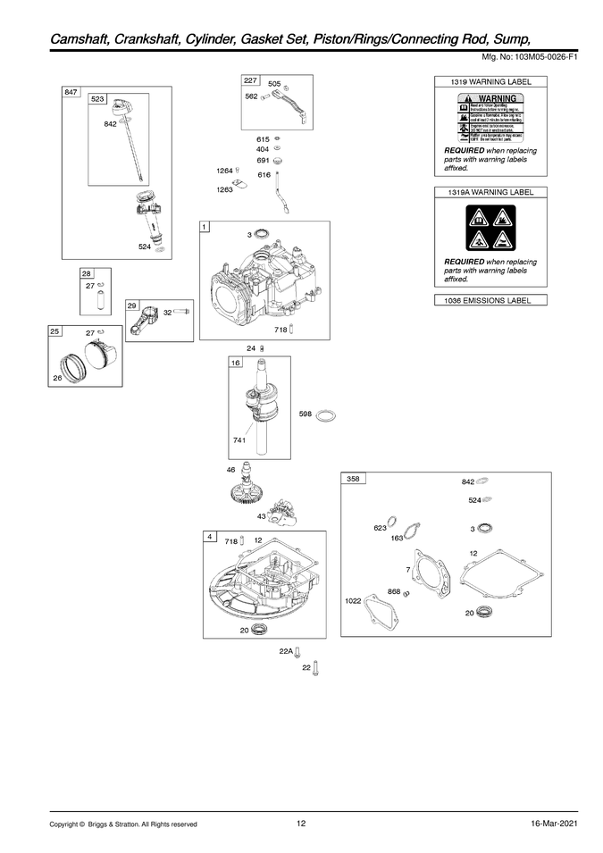 Camshaft/crankshaft/cylinder/sump