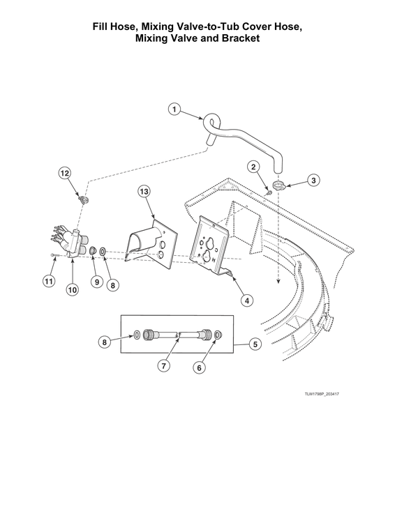 Fill hose/mixing valve-to-tub cover hose/mixing valve/bracket