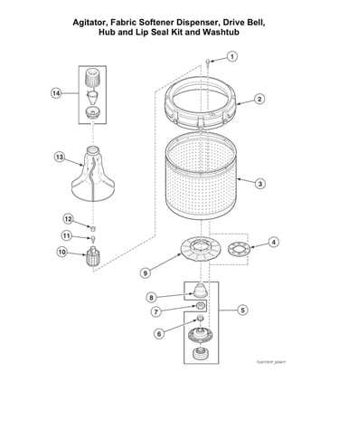 Agitator/fabric softener dispenser/drive bell/hub/lip seal kit/washtub