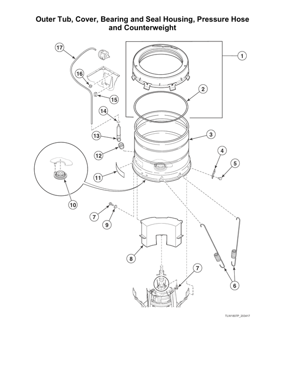 Outer tub/cover/bearing/seal housing/pressure hose/counterweight