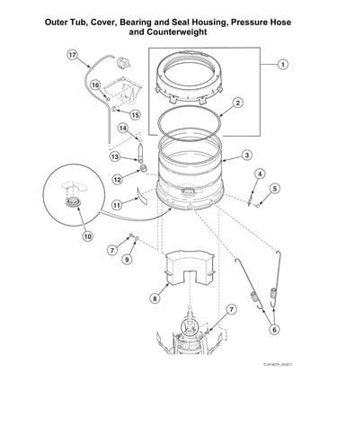 Outer tub/cover/bearing/seal housing/pressure hose/counterweight
