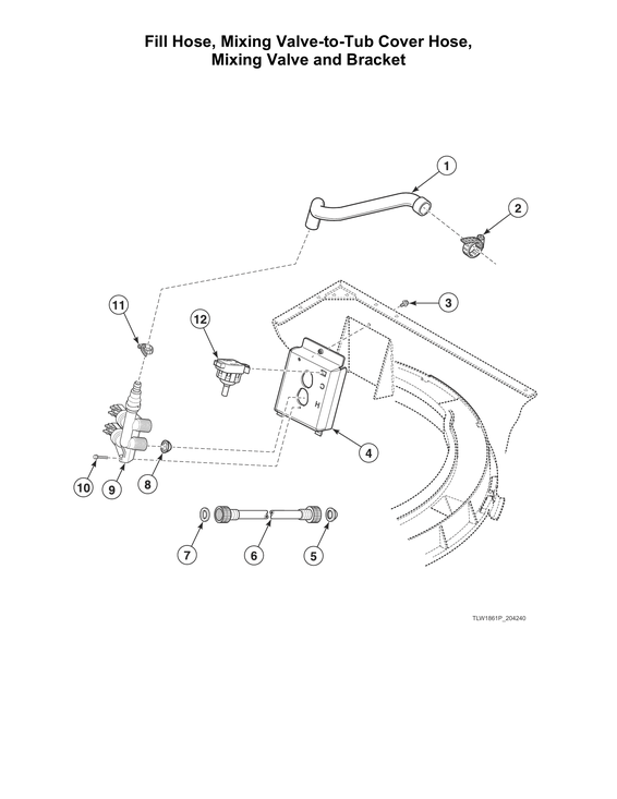 Fill hose/mixing valve-to-tub cover hose/bracket