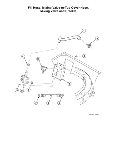 Fill hose/mixing valve-to-tub cover hose/bracket