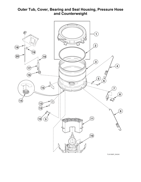 Outer tub/cover/bearing/seal housing/pressure hose
