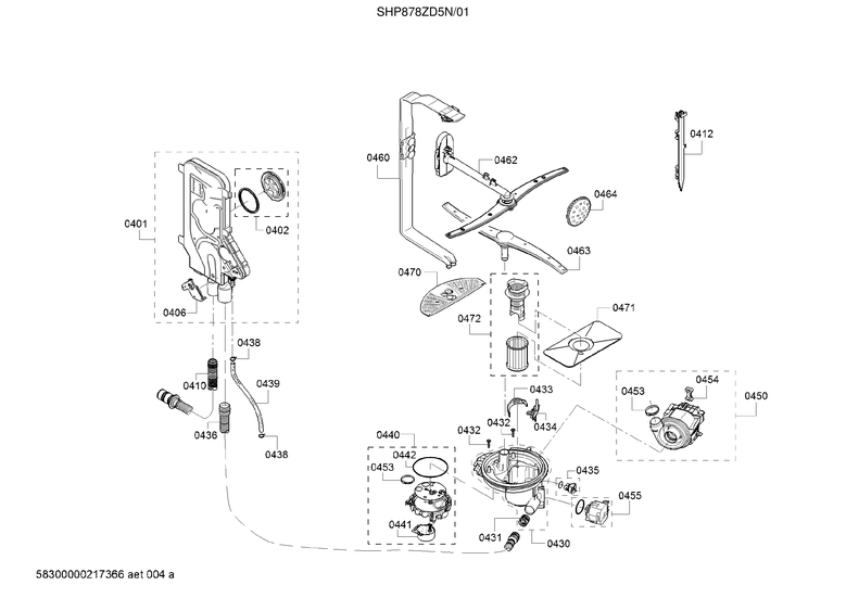 Spray arm/water inlet/pump