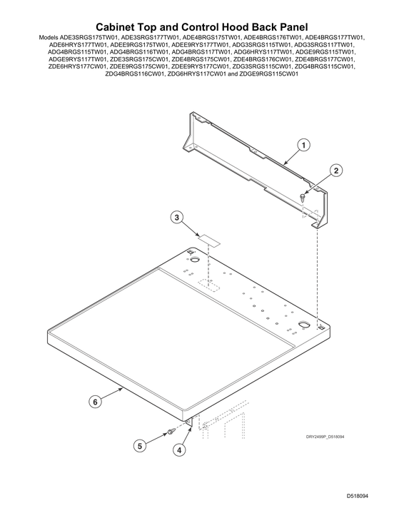 Cabinet top/control hood back panel