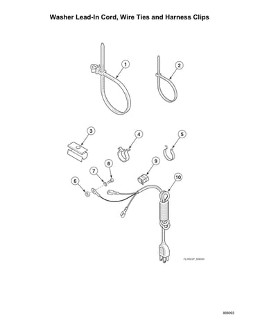 Washer lead-in cord/wire ties/harness clips
