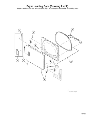 Dryer loading door-models atee9asp175tw01, atee9asp176tw01