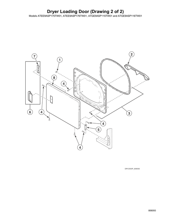 Dryer loading door-models atge9asp115tw01, atge9asp116tw01