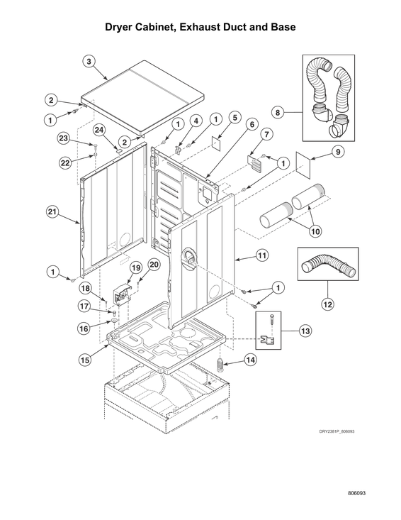 Dryer cabinet/exhaust duct/base