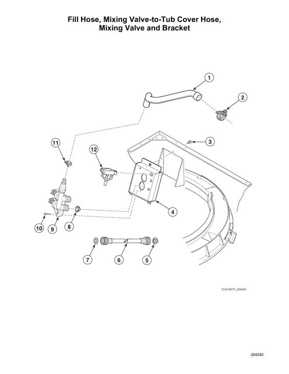 Fill hose/mixing valve-to-tub cover hose/mixing valve/bracket
