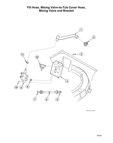 Fill hose/mixing valve-to-tub cover hose/mixing valve/bracket