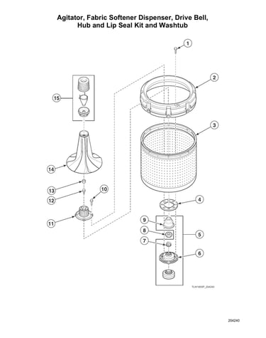 Agitator/fabric softener dispenser/drive bell/hub/lip seal kit/washtub
