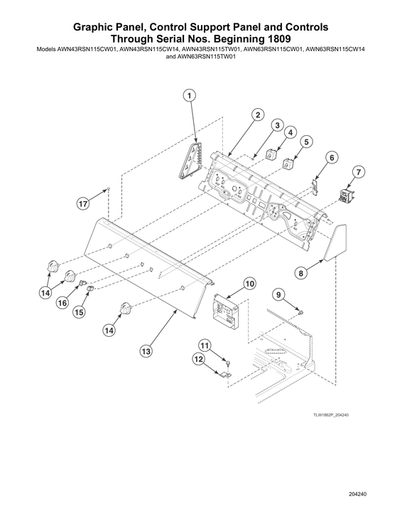 GRAPHIC PANEL/CONTROL SUPPORT PANEL/CONTROLS-MODEL AWN63RSN115TW01 THRU S# BEGINNING 1809