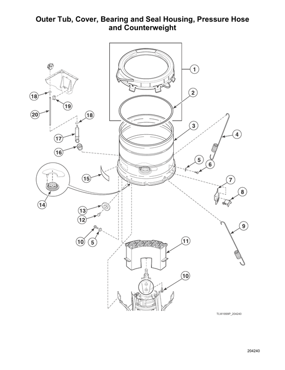Outer tub/cover/bearing/seal housing/pressure hose/counterweight