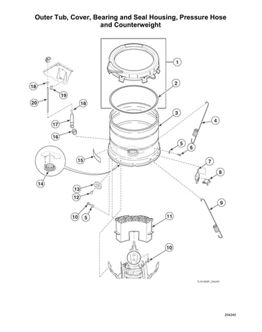 Outer tub/cover/bearing/seal housing/pressure hose/counterweight