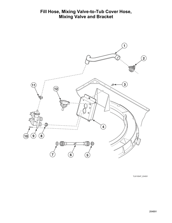 Fill hose/mixing valve-to-tub cover hose/mixing valve/bracket
