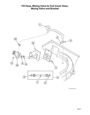 Fill hose/mixing valve-to-tub cover hose/mixing valve/bracket