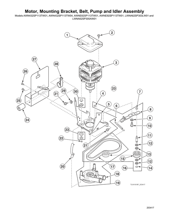 Motor/mounting bracket/belt/pump/idler assy