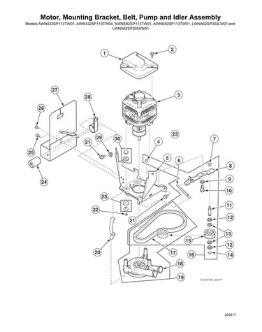 Motor/mounting bracket/belt/pump/idler assy