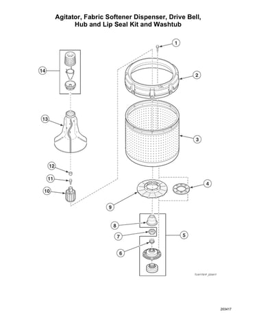 Agitator/fabric softener dispenser/drive bell/hub/lip seal kit/washtub