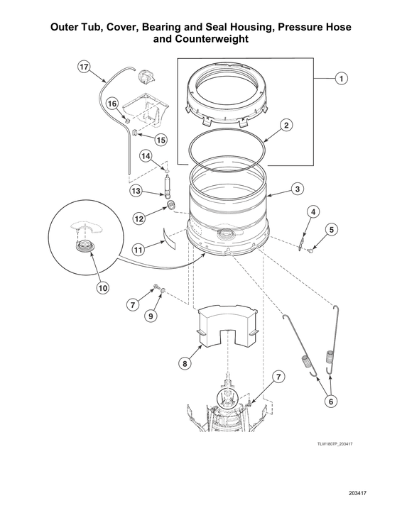 Outer tub/cover/bearing/seal housing/pressure hose/counterweight