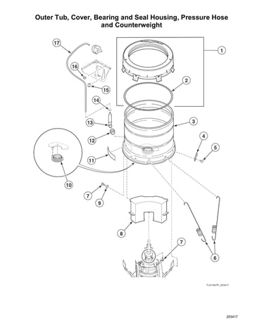 Outer tub/cover/bearing/seal housing/pressure hose/counterweight
