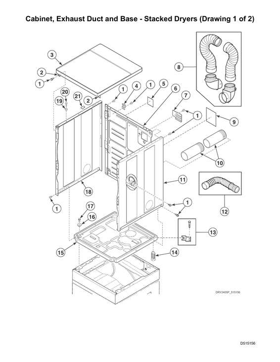 Cabinet/exhaust duct/base-stacked dryers