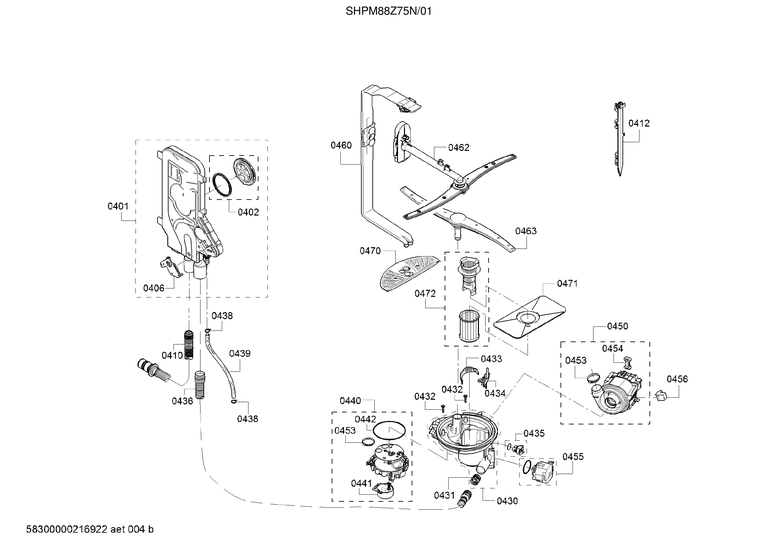 Spray arms/water inlet/heat pump