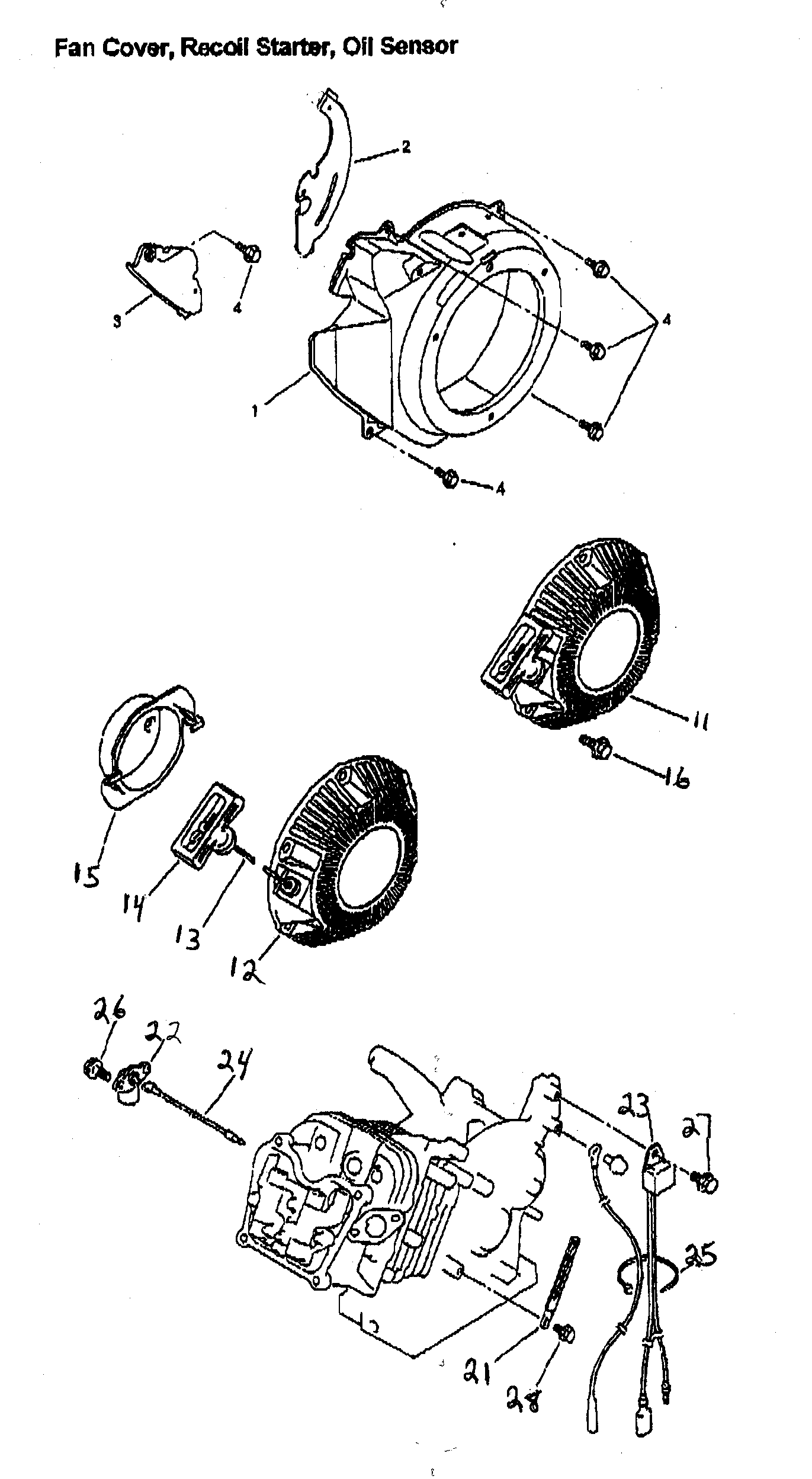 Fan cover/recoil starter/oil sensor