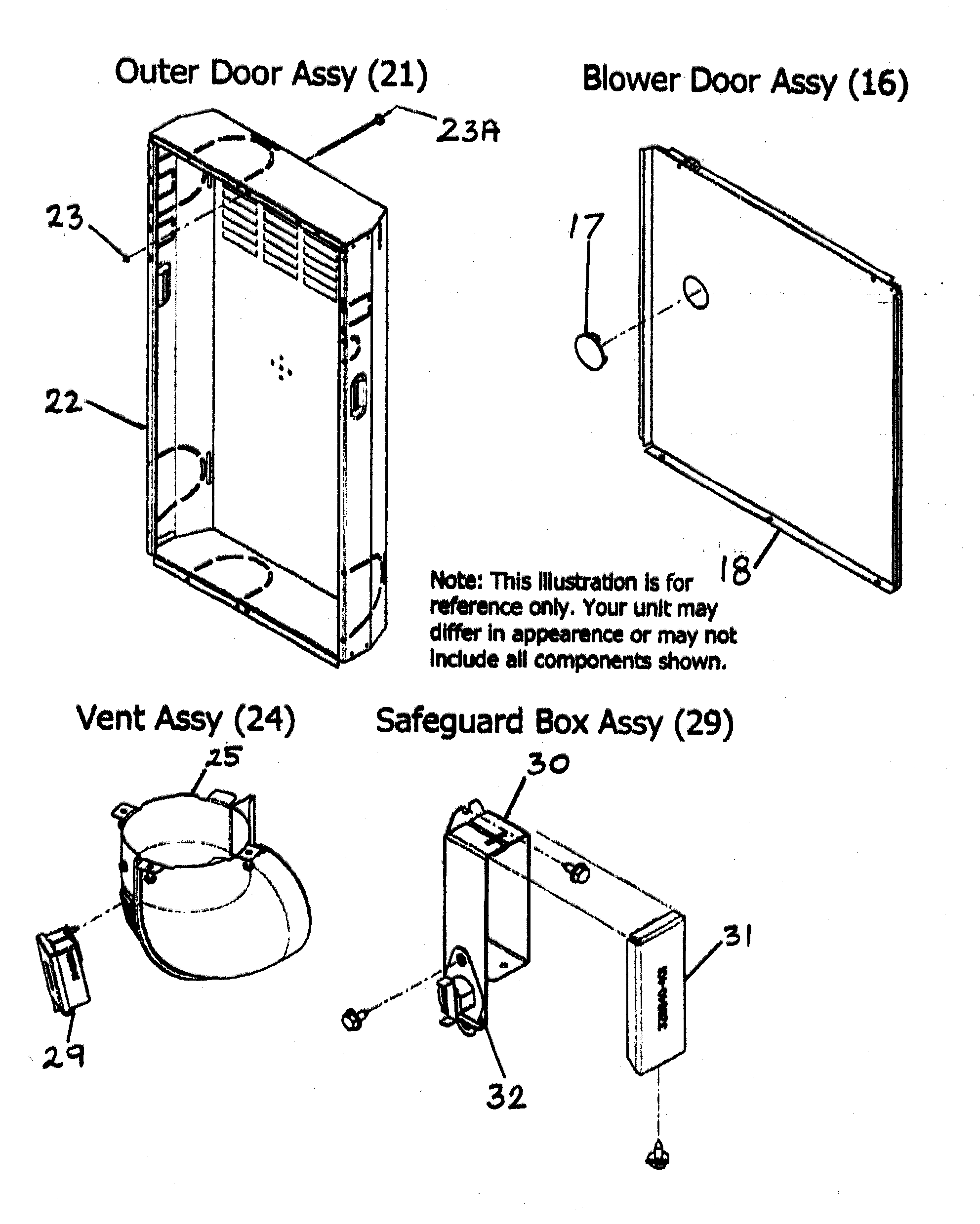 Outer door/blower door/vent/safeguard assys