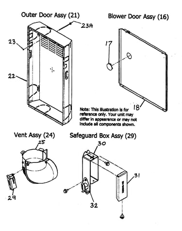 Outer door/blower door/vent/safeguard assys