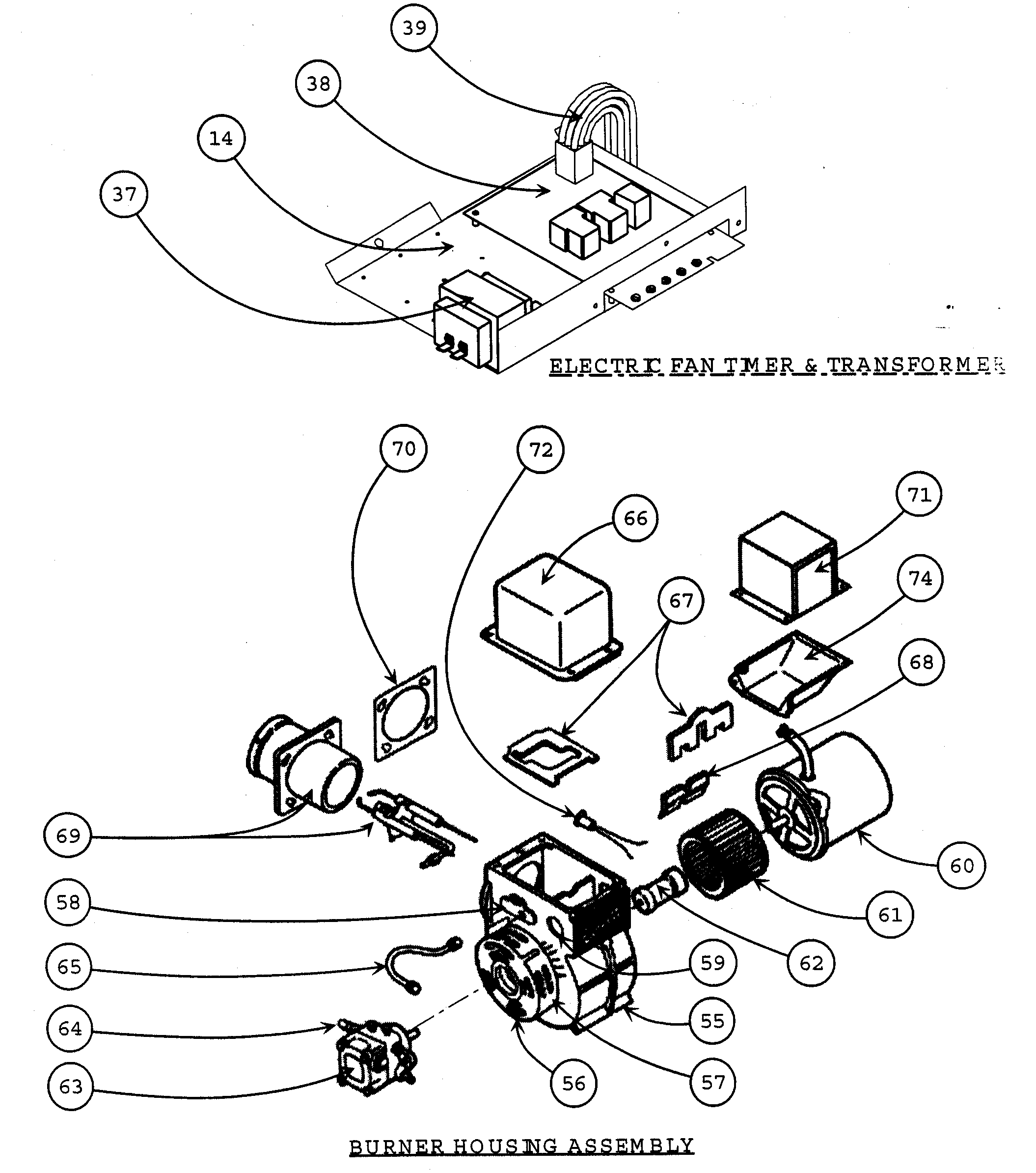 Electric fan timer/transformer/burner housing assy