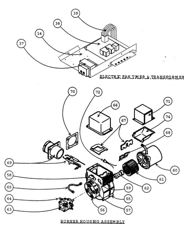 Electric fan timer/transformer/burner housing assy