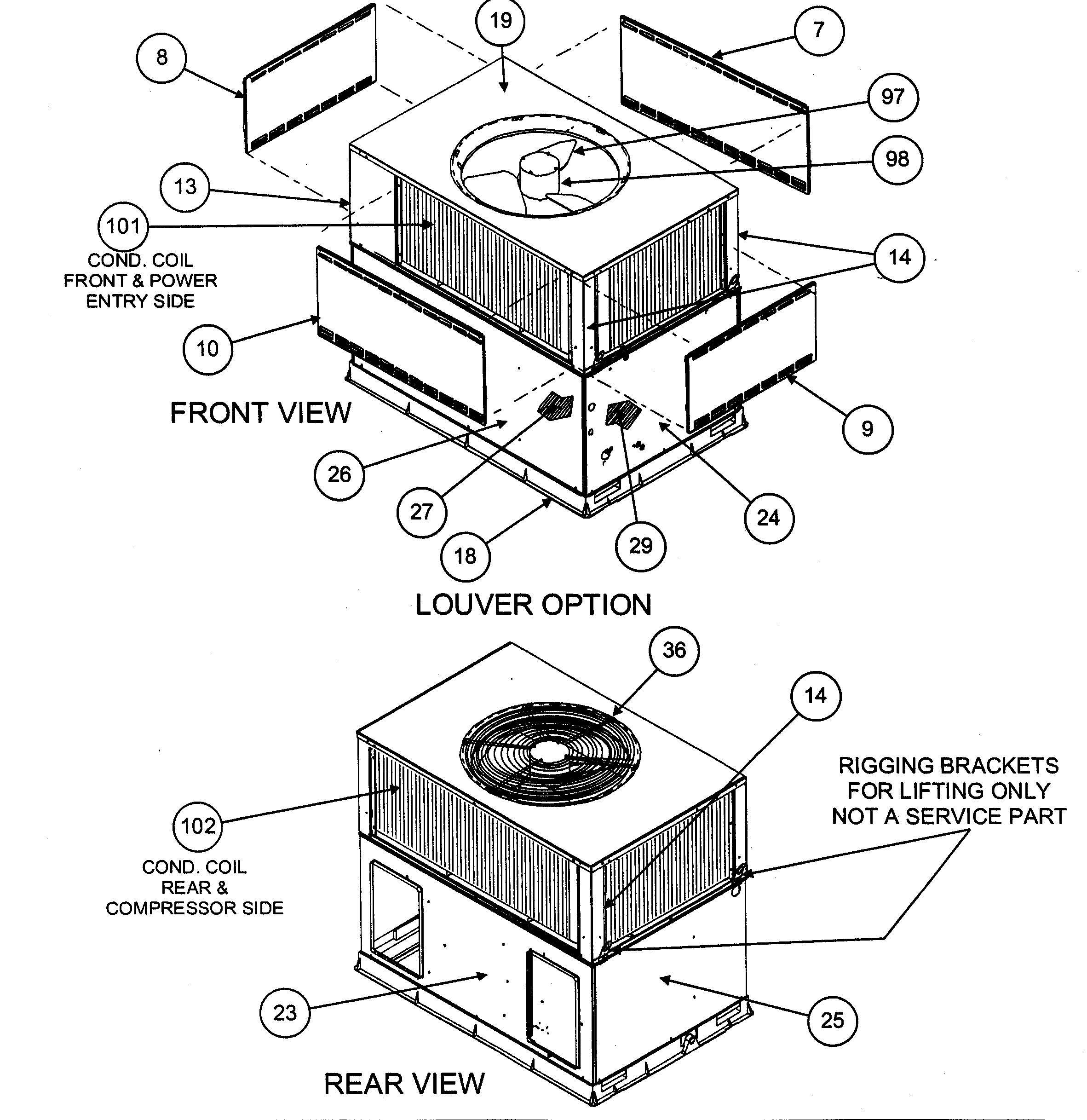 FRONT VIEW/LOUVER OPTION/REAR VIEW