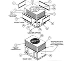 Carrier 50XZ036300 front view/louver option/rear view diagram