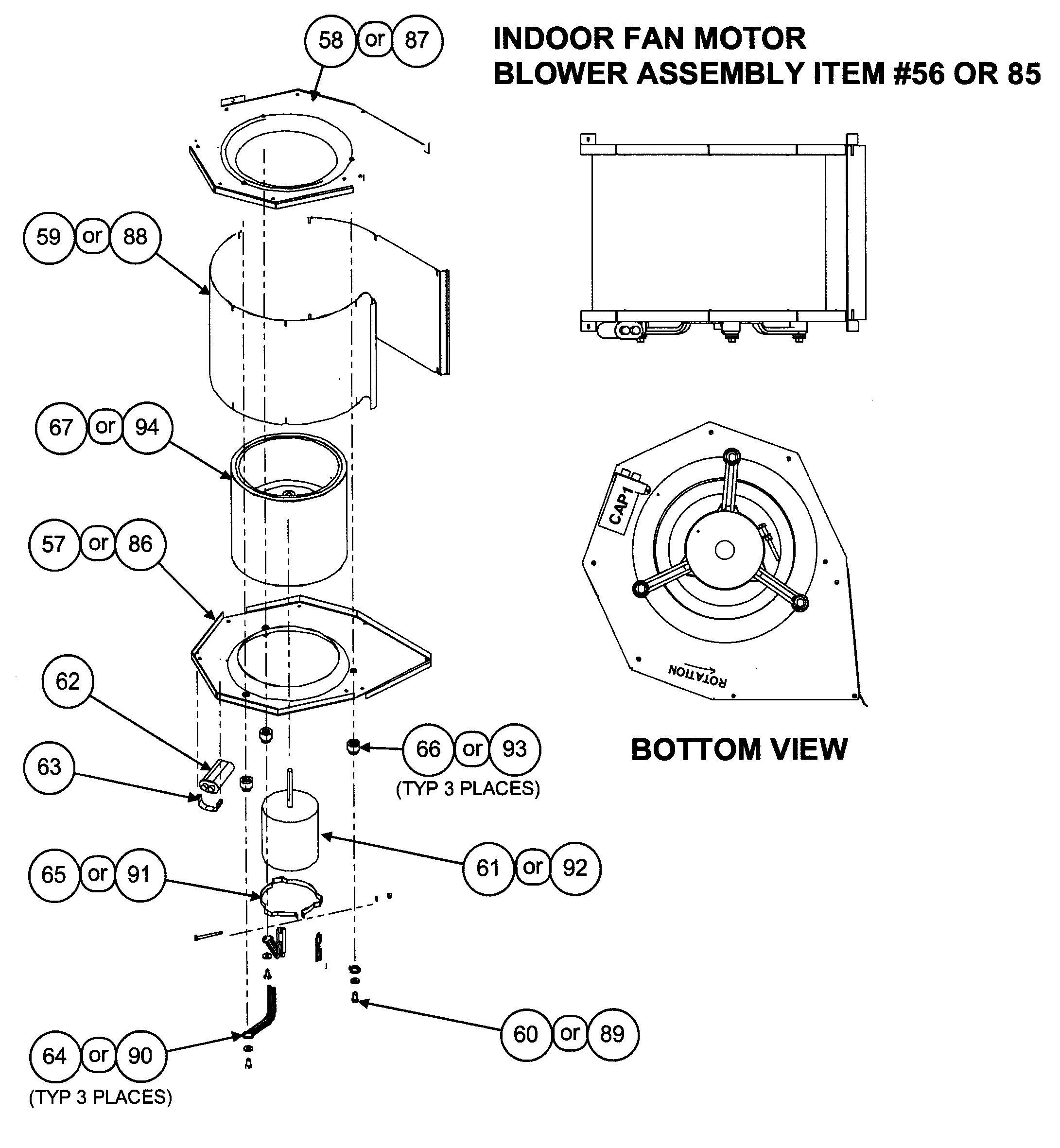 Indoor fan motor/blower assy/bottom view