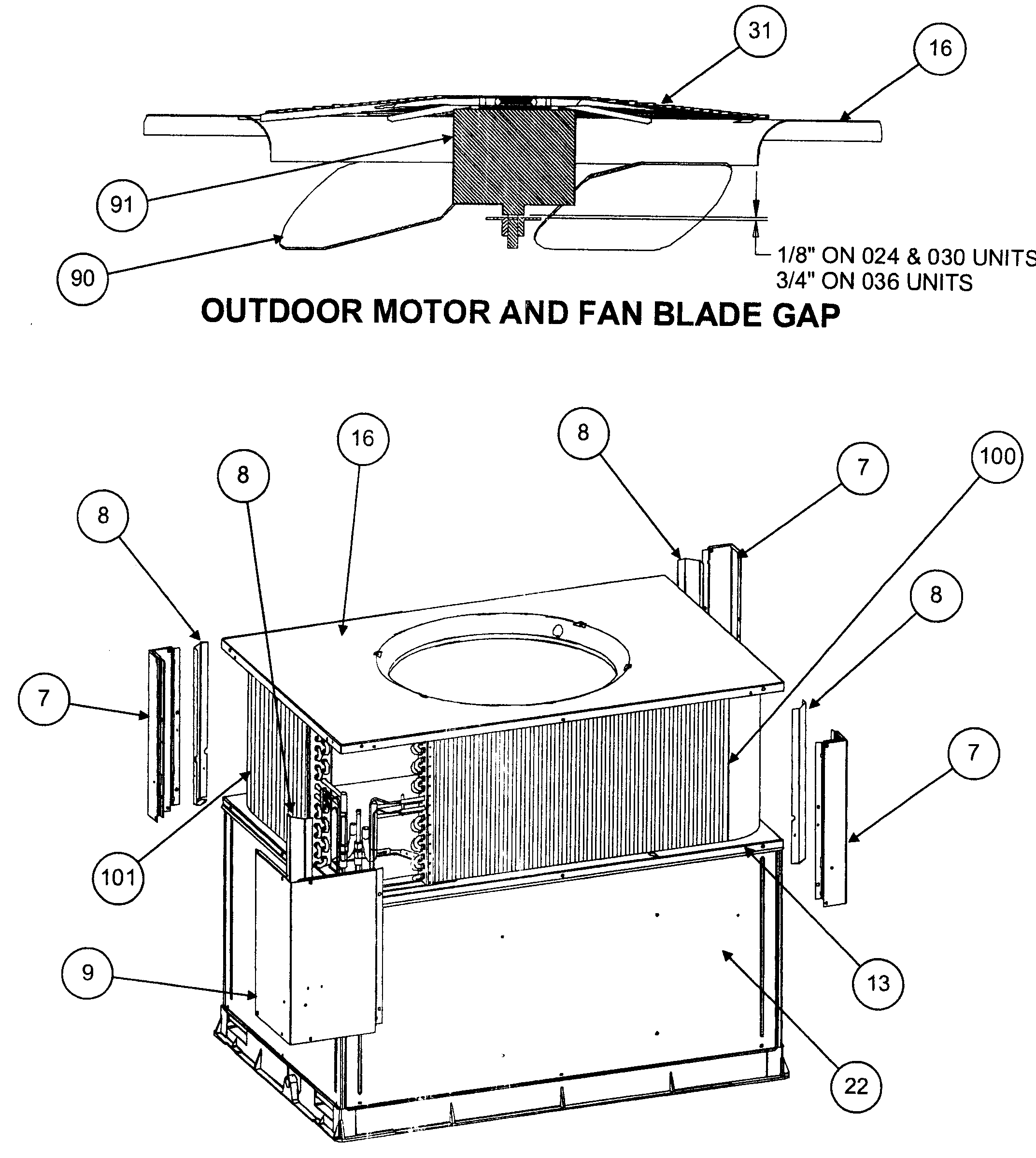 Outdoor motor/fan blade gap