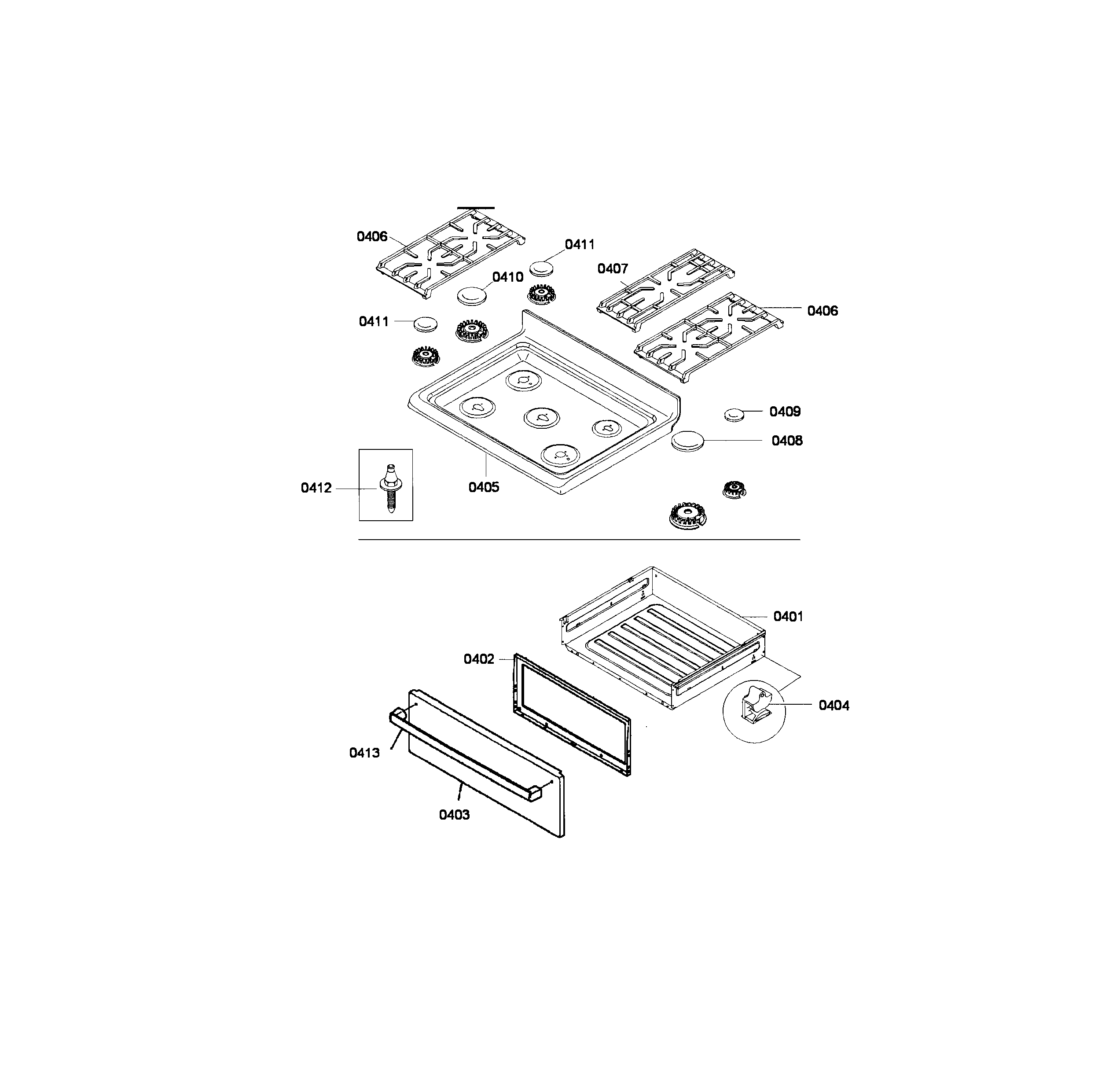 Burner,grate & drawer assy