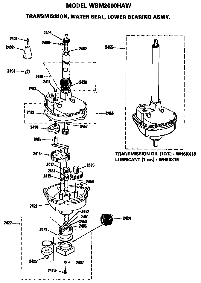 Transmission, water seal and lower bearing assembly