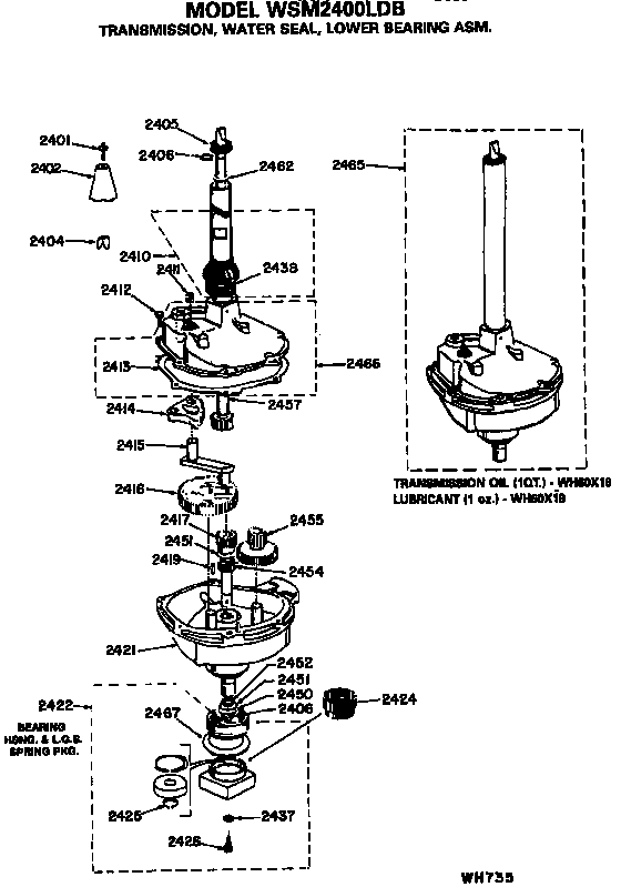 Transmission, water seal and lower bearing assembly