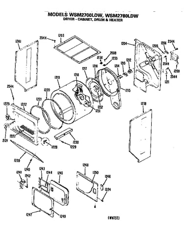 Dryer- cabinet, drum and heater