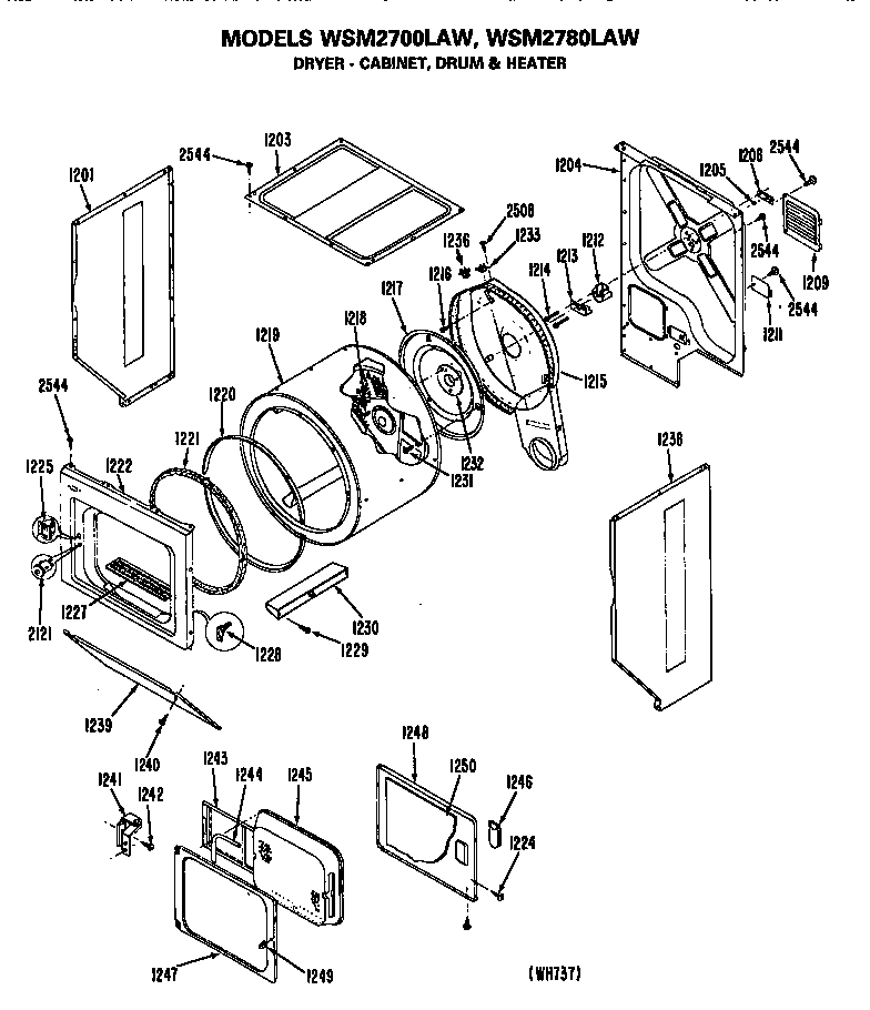 Dryer- cabinet, drum and heater