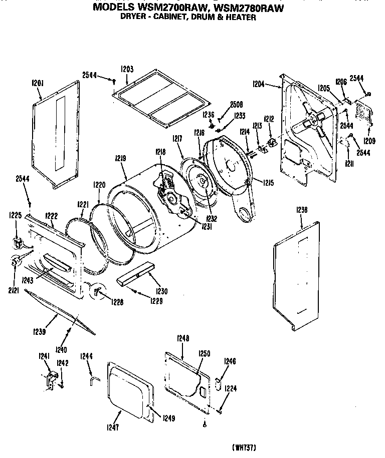 Dryer- cabinet, drum and heater
