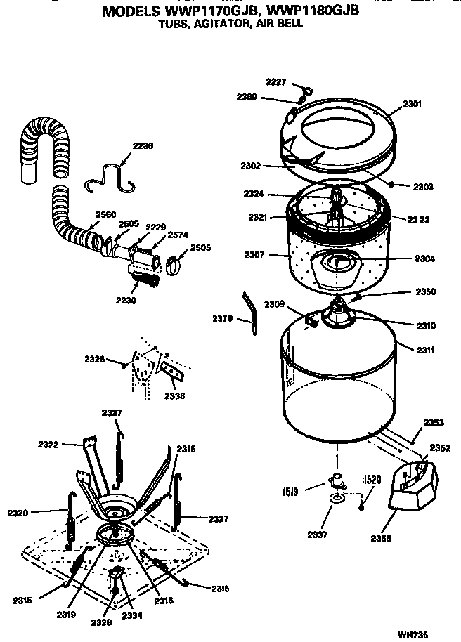 Tub, agitator and air bell