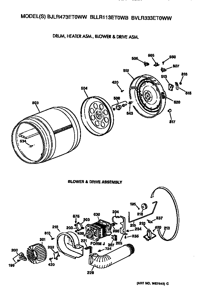 Drum, heater, blower and drive